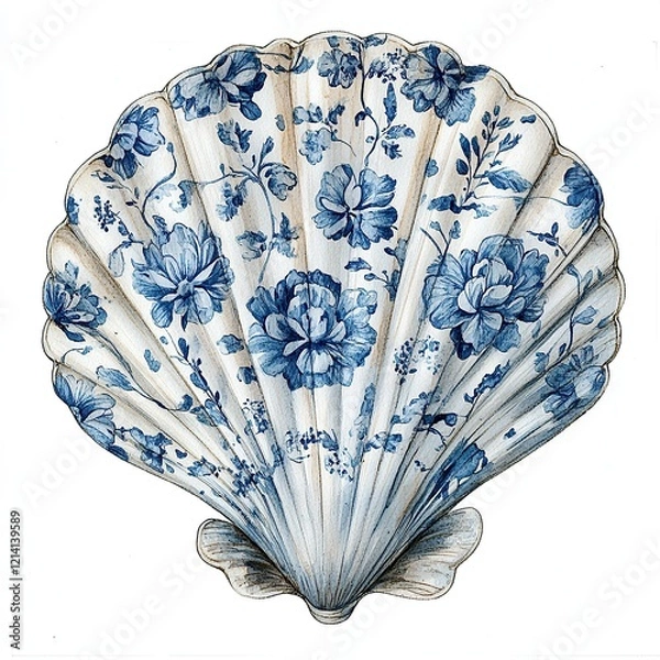 Obraz Intricate Blue Floral Scallop Shell with Porcelain-Inspired Patterns in the Toile De Jouy style