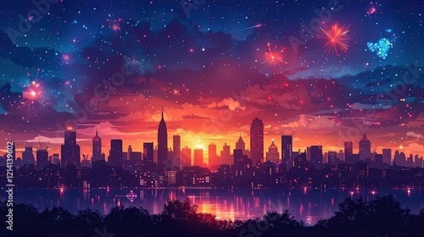 Fototapeta A firework display lights up the night during an Independence Day celebration in this vibrant flat design illustration