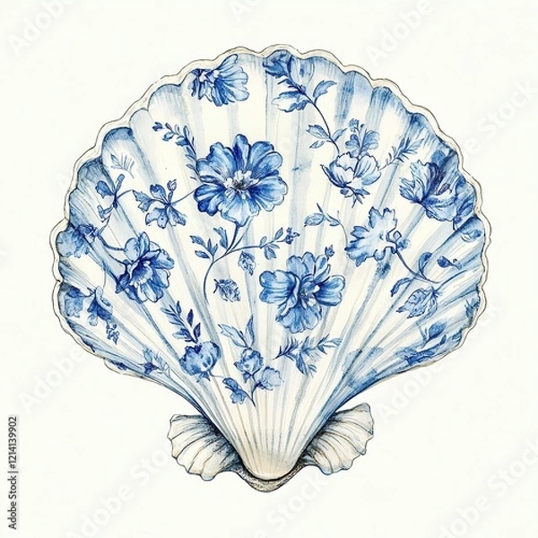 Fototapeta Intricate Blue Floral Scallop Shell with Porcelain-Inspired Patterns in the Toile De Jouy style