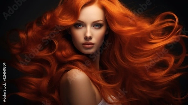 Obraz Beautiful model with flowing red hair poses against a dark background showcasing vibrant energy and elegance