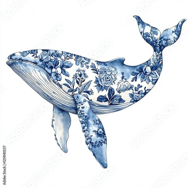 Obraz Intricate Blue Floral Whale with Porcelain-Inspired Patterns in the Toile De Jouy style