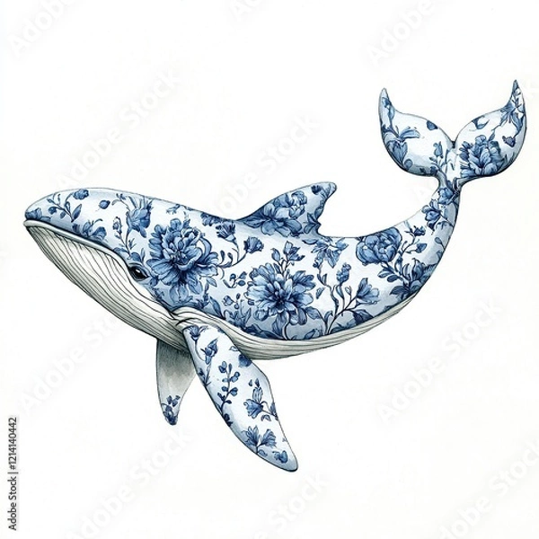 Fototapeta Intricate Blue Floral Whale with Porcelain-Inspired Patterns in the Toile De Jouy style