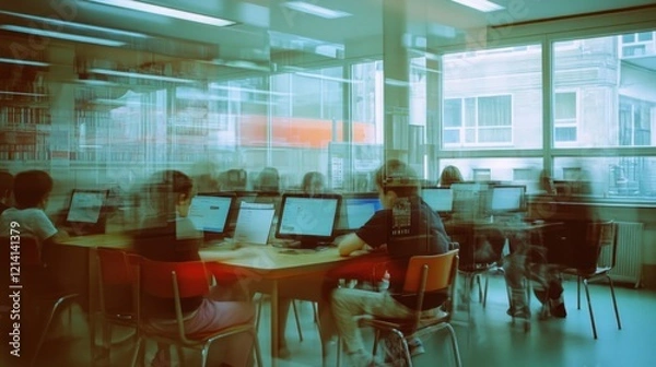 Obraz Students using computers in a bright classroom.