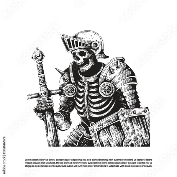 Fototapeta Detailed hand drawn ink art skeleton army with full armor, sword and shield. Death skeleton black art vector