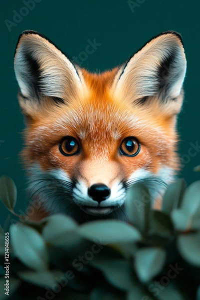 Fototapeta An endearing selfie of a curious fox cub peeking out from behind a bush, with its bright eyes and bushy tail visible,