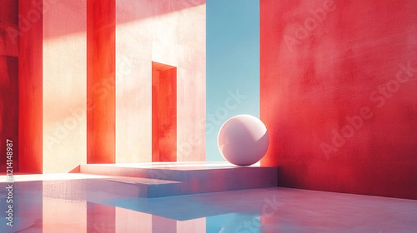 Fototapeta Bright red architecture with geometric shapes and a white sphere in a tranquil setting