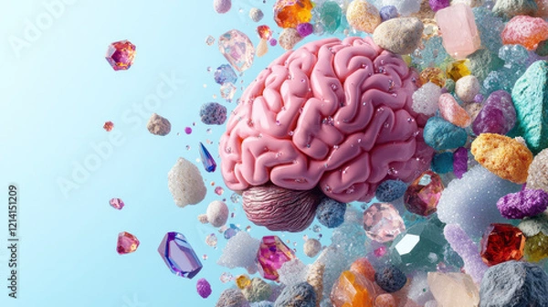Obraz A vibrant illustration of a human brain surrounded by a halo of sparkling minerals and crystals, emphasizing the concept of mental nourishment through natural resources,