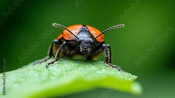 Fototapeta Macro Shot of a Beetle Staring Directly on Leaf in a Natural Green Habitat : Generative AI