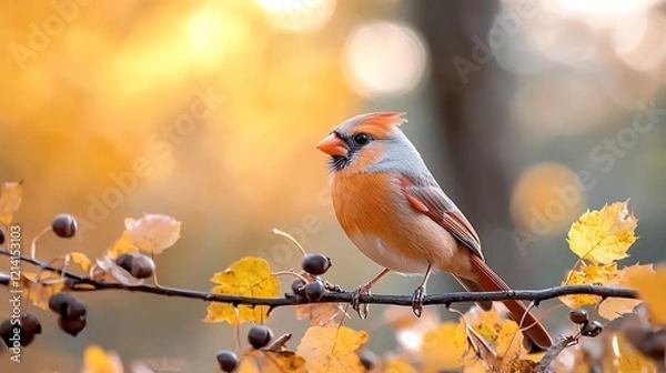 Fototapeta Northern Cardinal perched on autumn branch, blurred fall foliage background; nature photography