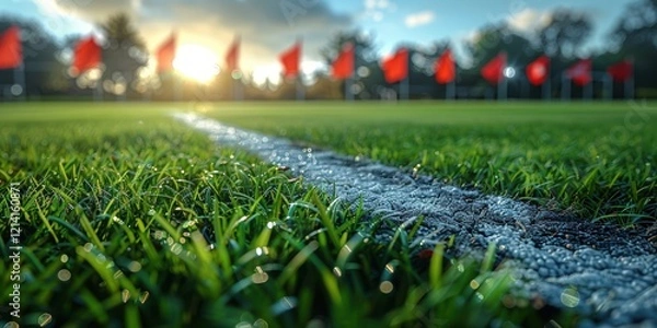 Fototapeta Close-up of a White Line on a Grassy Field