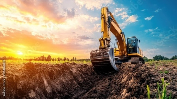 Obraz excavator digging trench in rural field for construction project, heavy equipment used for land development and infrastructure installation in agricultural area