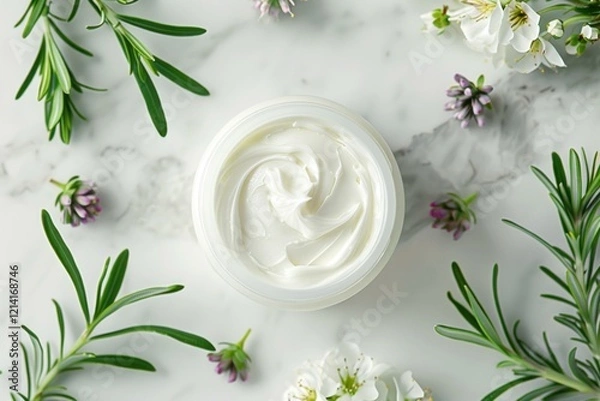 Fototapeta White cosmetic cream in an open jar surrounded by flowers and herbs on a white marble surface