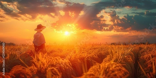 Fototapeta Silhouette of a Person in a Field During Sunset
