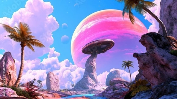 Fototapeta Futuristic Landscape with Alien Planet and Flying Saucer