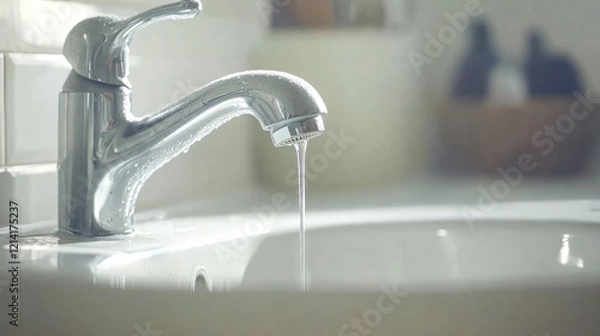 Obraz Close-up of a leaking faucet dripping water onto a white porcelain sink, highlighting the urgency of fixing a product issue.