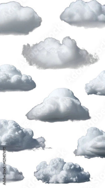Fototapeta a collection of individual white clouds isolated against a black background. Each cloud have unique shapes and textures