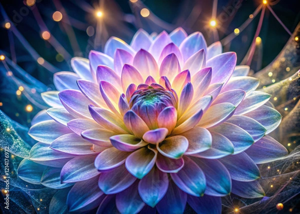 Fototapeta vibrant flower with iridescent petals unfurls from glowing crystalline center, surrounded by soft lights, creating magical and enchanting atmosphere