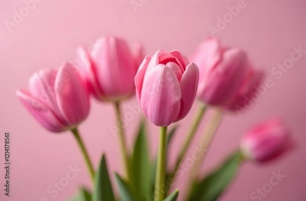 Fototapeta Beautiful delicate pink tulip flowers on a pink background. Space for text or advertising