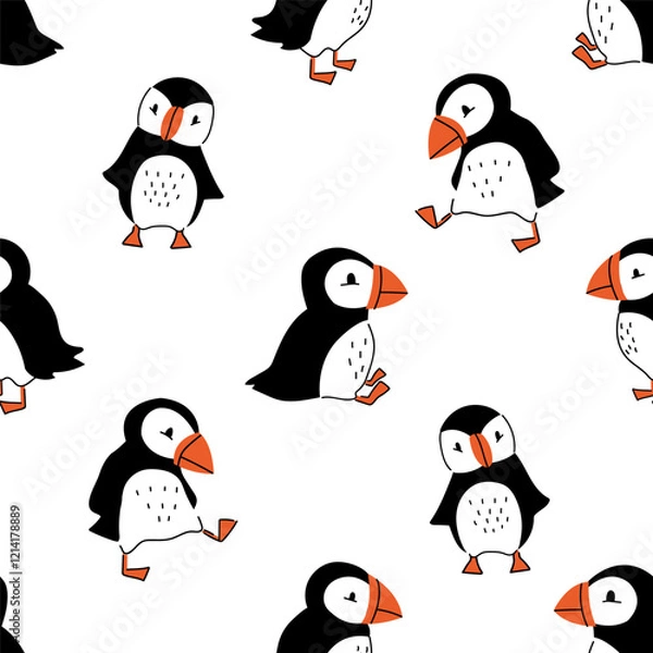 Fototapeta A seamless pattern with cute puffin birds. Nordic seagull baby print.
