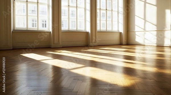 Fototapeta Spacious sunlit empty room with wooden parquet floor and large bright windows : Generative AI