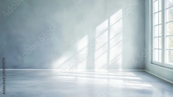 Fototapeta Minimalist Bright Room with Sunlight Filtering Through Windows on Subtle Gray Walls : Generative AI