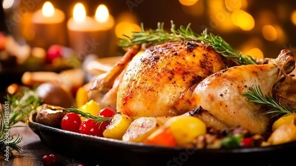 Fototapeta Golden Roast Chicken with Herbs and Vegetables for a Cozy Holiday Feast : Generative AI