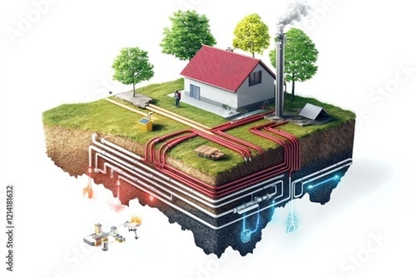 Obraz Geothermal energy home, pipes, infrastructure, rural setting, sustainable