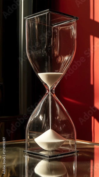 Fototapeta Modern hourglass measuring time on reflective surface with red background