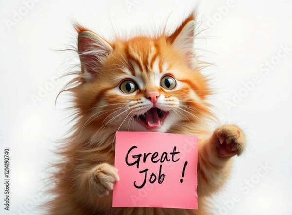 Fototapeta Compliment, congratulations and praise message. Cat showing banner with text " Great Job ".  Expression of gratefulness, motivation, appreciation.