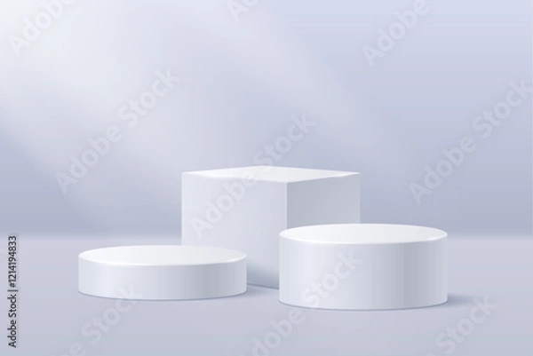 Fototapeta White cylindrical podiums with a cubic pedestal on a light background illuminated by the sun from the window. Vector 3D illustration.