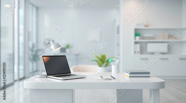 Obraz A modern doctor's office featuring a laptop, table lamp, stationery, and decor on a white table, with a blurred background. The scene depicts a doctor's office or examination room. 3D render, 3D illus