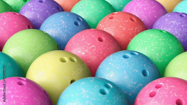 Fototapeta Close up on Array of Tightly Packed, Colorful Bowling Balls
