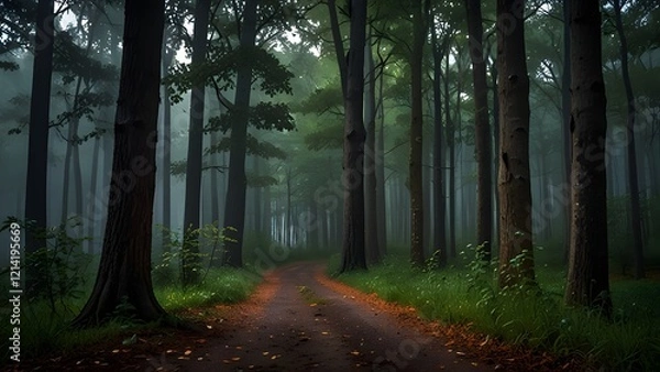 Fototapeta Dark moody forest with path, green trees, natural outdoor vintage background, jungle wallpapers with new style, a forest with a mystical and magical atmosphere.
