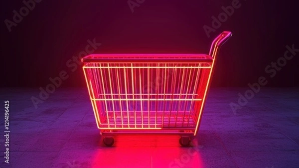 Fototapeta A neon-lit shopping cart against a dark background, creating a modern and vibrant visual effect.