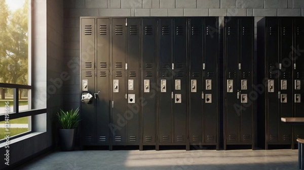 Obraz A 3D stock photo featuring a row of black gym lockers in a school setting. One locker door is open, revealing a glimpse into the interior, symbolizing storage and organization.