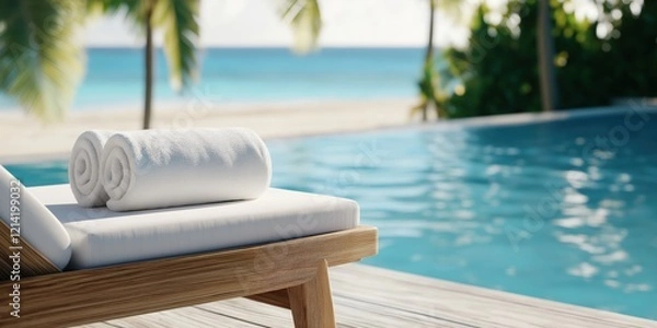 Fototapeta A luxurious wooden sun lounger with a white cushion and rolled towel, positioned by a turquoise infinity pool overlooking a tropical beach