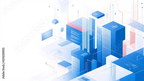 Fototapeta A conceptual futuristic digital city with blue geometric buildings floating in a high-tech network-driven environment with data connections  
