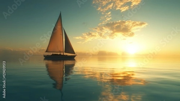 Fototapeta A sailboat gliding across calm, clear waters during a sunset, evoking a sense of smooth sailing and tranquility