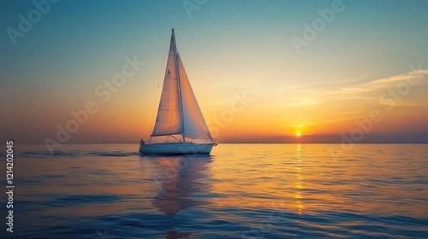 Fototapeta A sailboat gliding across calm, clear waters during a sunset, evoking a sense of smooth sailing and tranquility