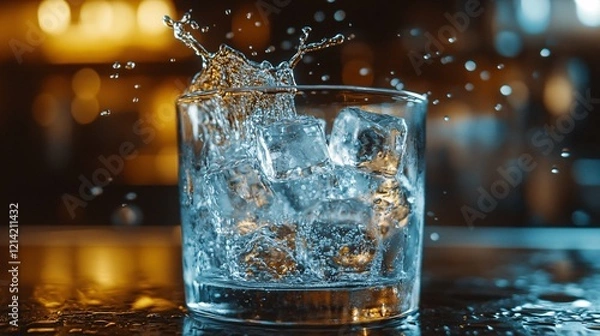 Fototapeta Dynamic shot of sparkling water splashing over ice cubes in a transparent glass, soft blue tones highlighting the crisp and refreshing concept.