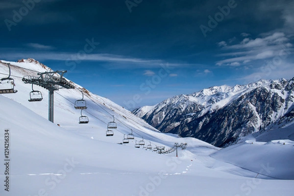 Fototapeta View of the Shymbulak ski resort in the Trans-Ili Alatau Mountains, Kazakhstan. Shymbulak is a ski resort near the city of Almaty, Kazakhstan. It is the largest ski resort in Central Asia.