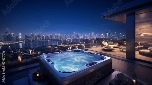 Fototapeta 3D rendering isometric luxury lifestyle rooftop terrace with a jacuzzi, lounge area, and cityscape at night