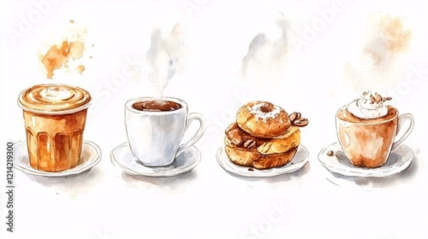 Obraz watercolor illustrations of steaming coffee cups with pastries, blending warm hues and cozy vibes for bakery or coffee shop designs.