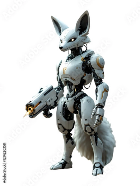 Fototapeta White Robotic Arctic Fox with Futuristic Weapon
