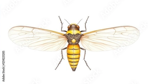 Fototapeta Detailed illustration of a vibrant yellow insect with intricate wings, showcasing its anatomy and features