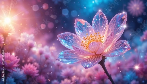 Fototapeta Celestial Lotus Bloom: A delicate pink lotus flower, shimmering with dew drops and bathed in ethereal light, glows amidst a field of flowers, evoking a sense of otherworldly beauty and serenity.