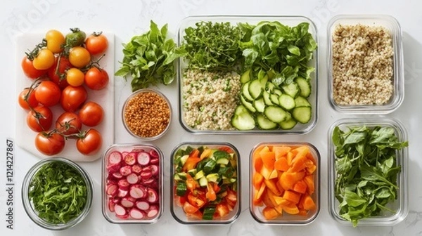 Fototapeta Aerial view of batch cooking with various vegetables neatly arranged in food containers. A vibrant and organized composition promoting healthy eating, meal prep, and sustainable living
