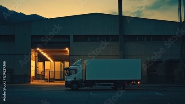 Obraz white truck parked in front of an industrial logistics building in the evening sunset