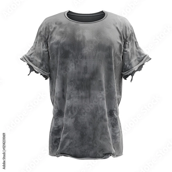 Fototapeta Distressed Gray TShirt Mockup with Ripped Sleeves and Acid Wash Texture