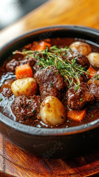 Obraz Rustic beef bourguignon with vegetables in a cast iron pot – classic french cuisine